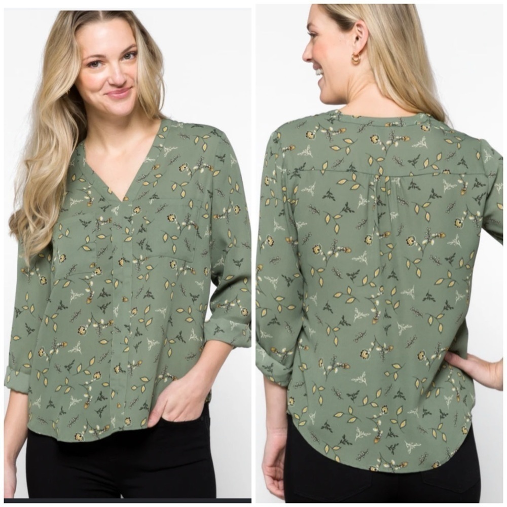 41 Hawthorn Women's Astrid Two Pocket Blouse Green Floral Sz XS NWT